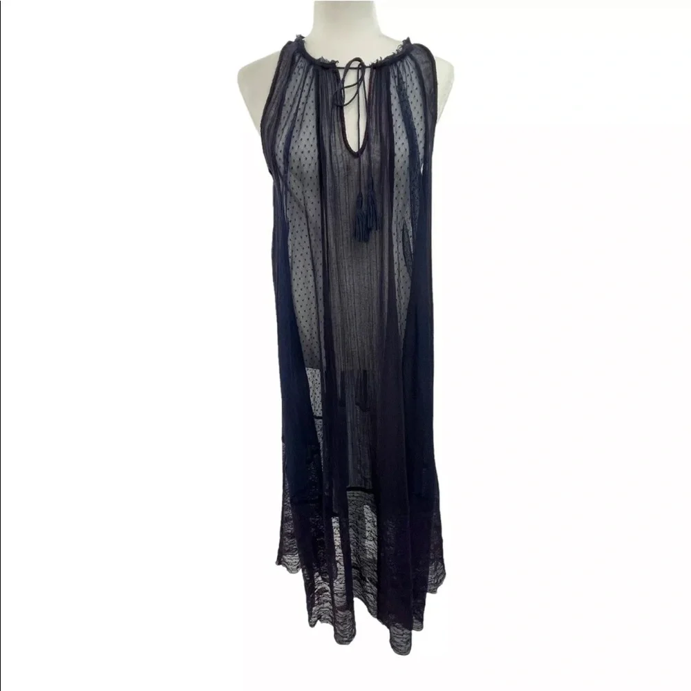 Free People Navy Blue Sheer Swiss Dot Gauze Maxi Dress Boho Oversized A-Line XS - Picture 2 of 12
